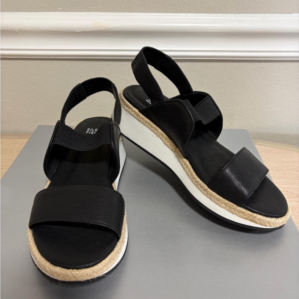 Eileen Fisher Dash Wedge Slip On Slingback Sandal Black Size 7,5 Open Toe